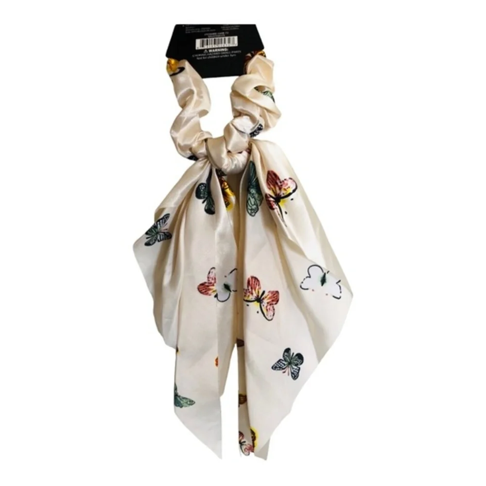 4 Butterfly print satin look black, pink, blue‎ ivory hair scrunchie scarves new